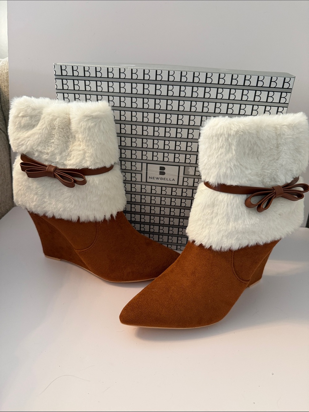 Women's Newbella Chestnut Suede Wedge Boots with Ivory Faux Fur Cuff